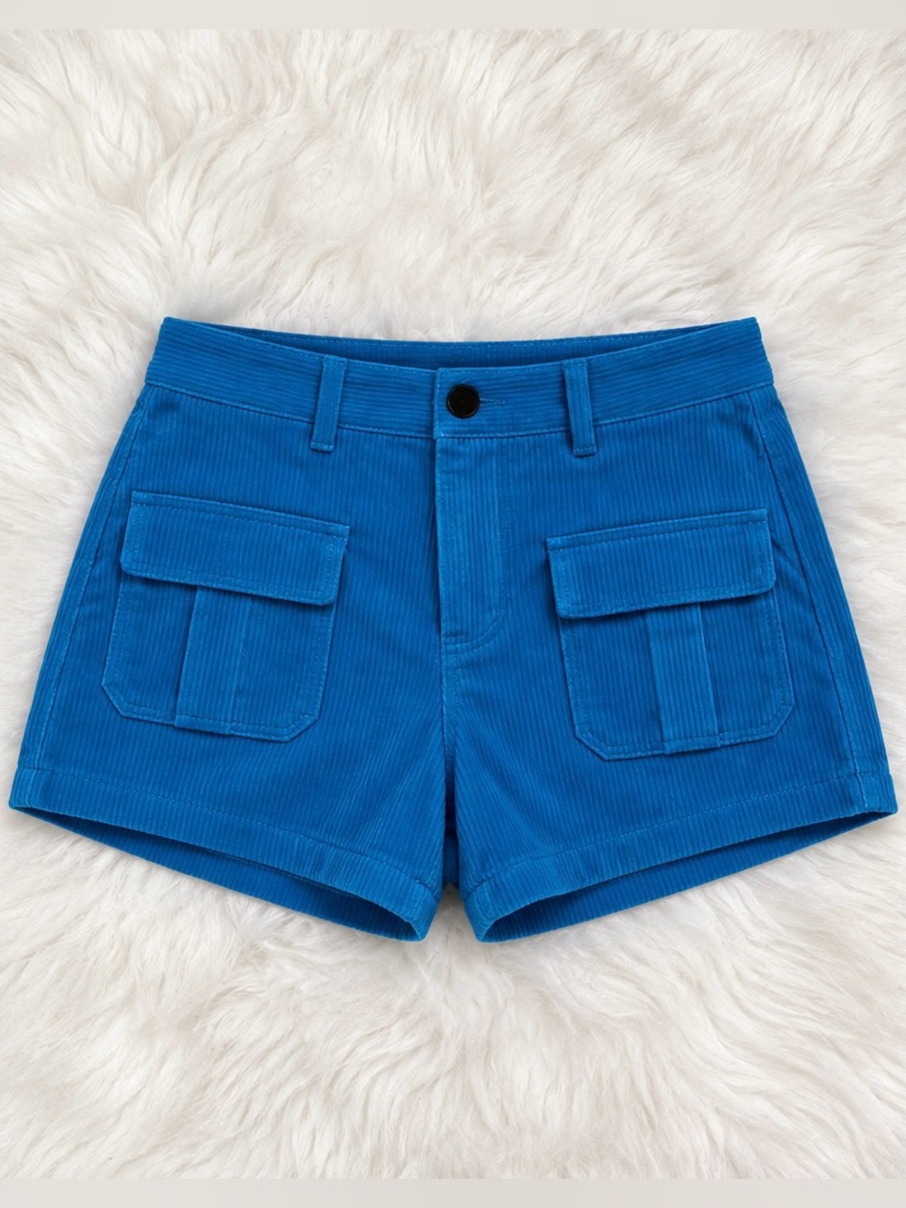 Women’s Bright Blue Corduroy Cargo Shorts with Flap Pockets